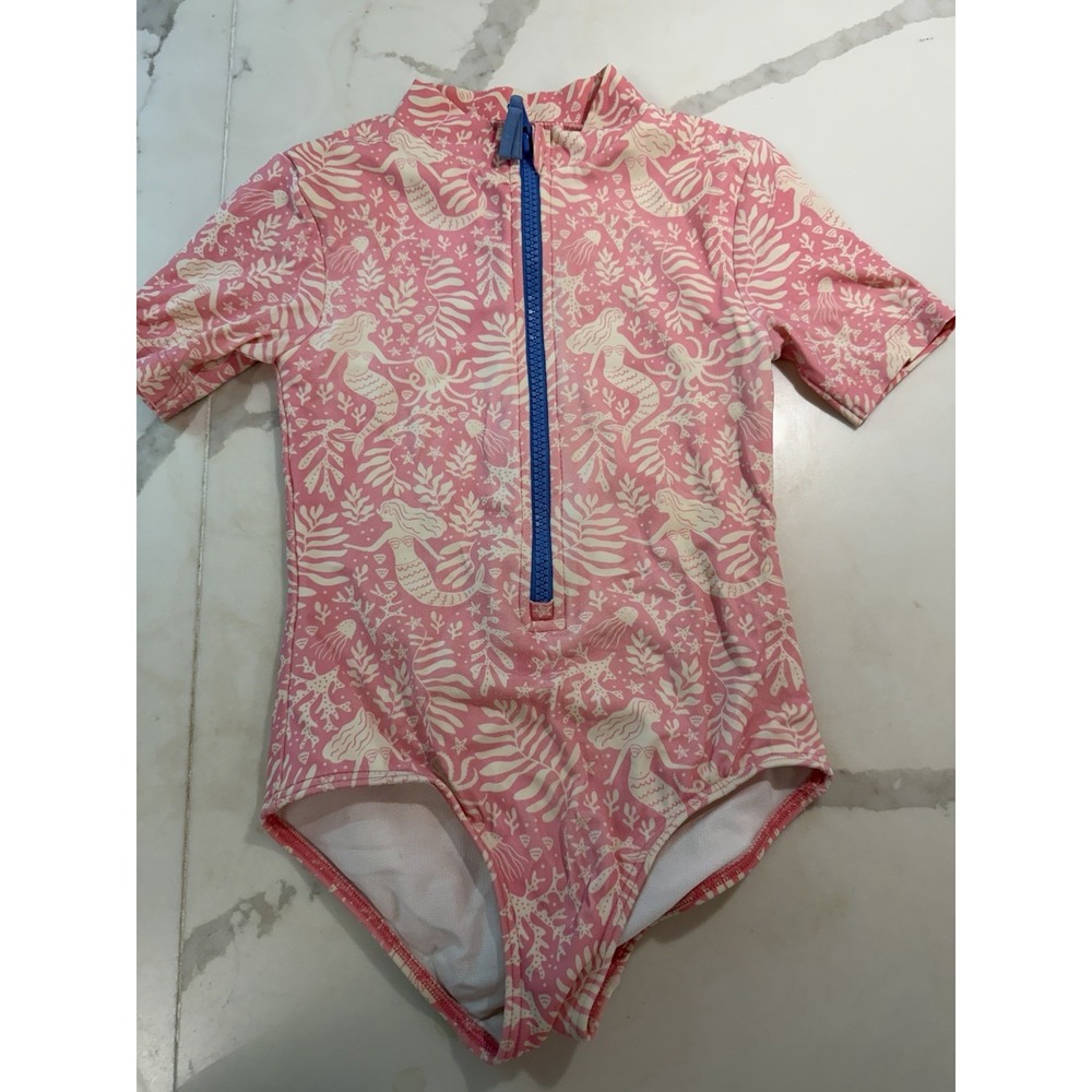 Mini Boden Swimsuit 4-5 Years Pink Short Sleeve One Piece Mermaid Sea Life